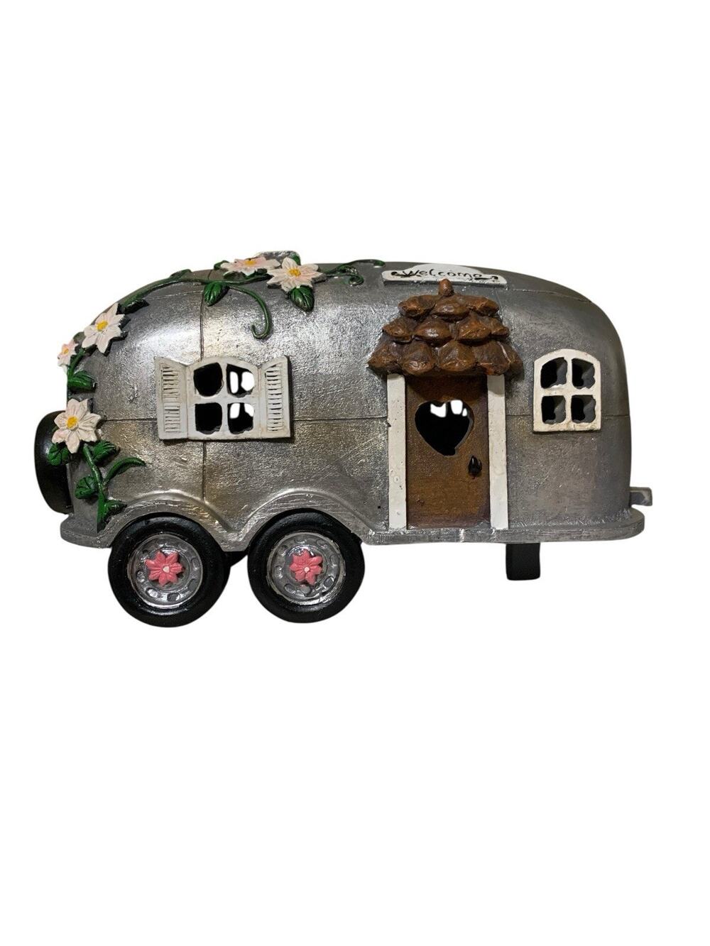 Exhart Solar Silver Camping Trailer Garden Statue 8in Resin Camper Decor